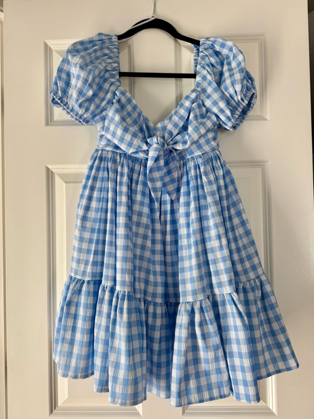 MARBLE Light Blue Gingham Puff-Sleeve Dress with Front Bow